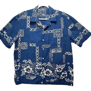 Far Away Aztec Hawaiian Camp‎ Shirt Mens L Floral Button Mixed Print Hand Made